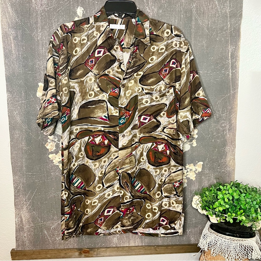 Burma BIBAS Vintage 80s 90s Brown Colorful Cowboy Hat‎ Button Up Shirt Sz S